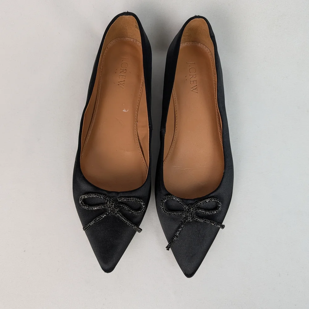 J. Crew Black Satin Pointed Toe Bow Flats - Picture 2 of 13